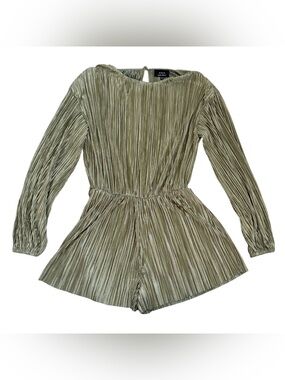 VICI Metallic Pleated Long-Sleeve Romper in Olive Gold